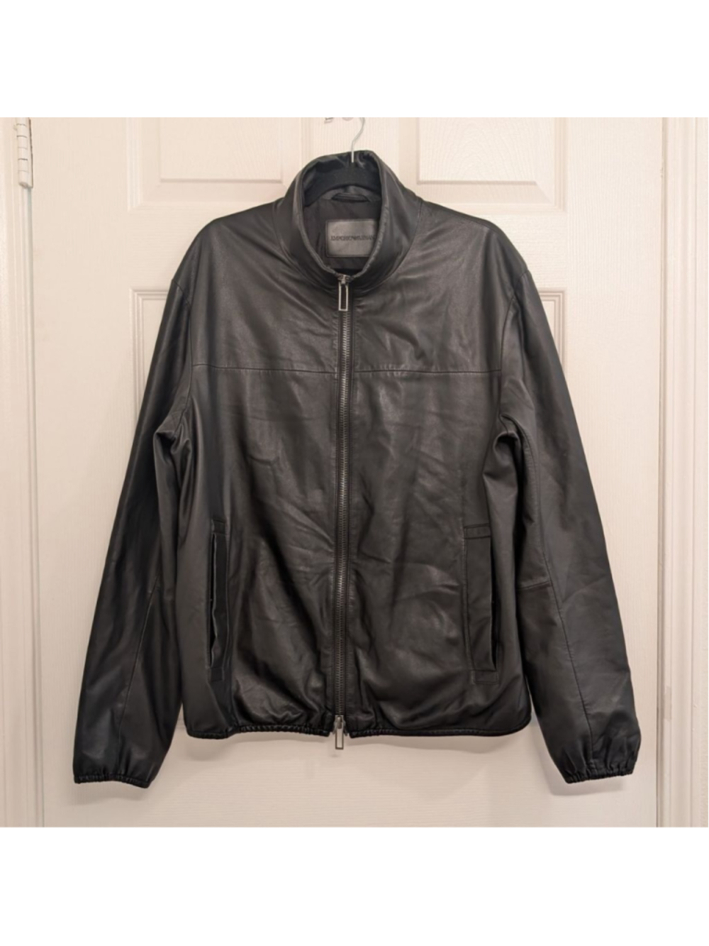Emporio Armani Black Lambskin Leather Bomber Jacket 2-Way Zip Luxury Moto XL